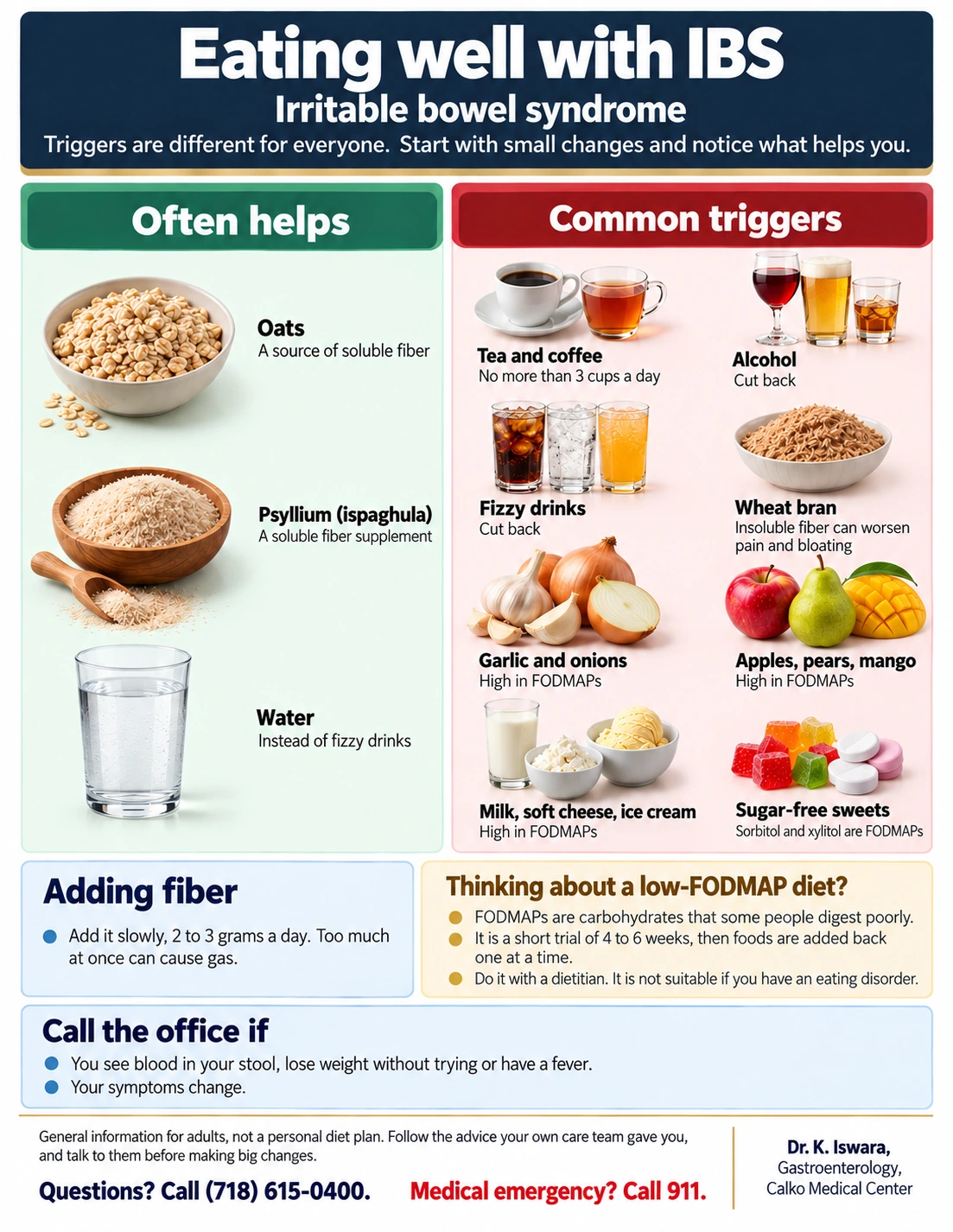 Eating well with IBS: an illustrated chart of foods to enjoy and foods to limit. The same information is in the text version below.